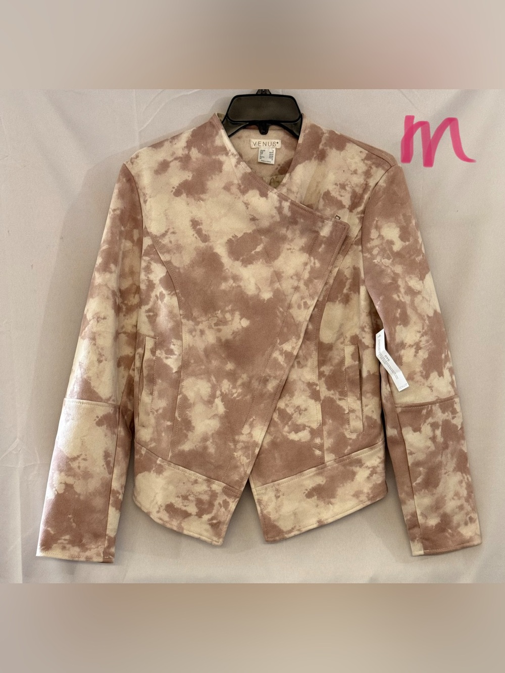 VENUS Women's Taupe & Cream Tie-Dye Leather Asymmetrical Jacket